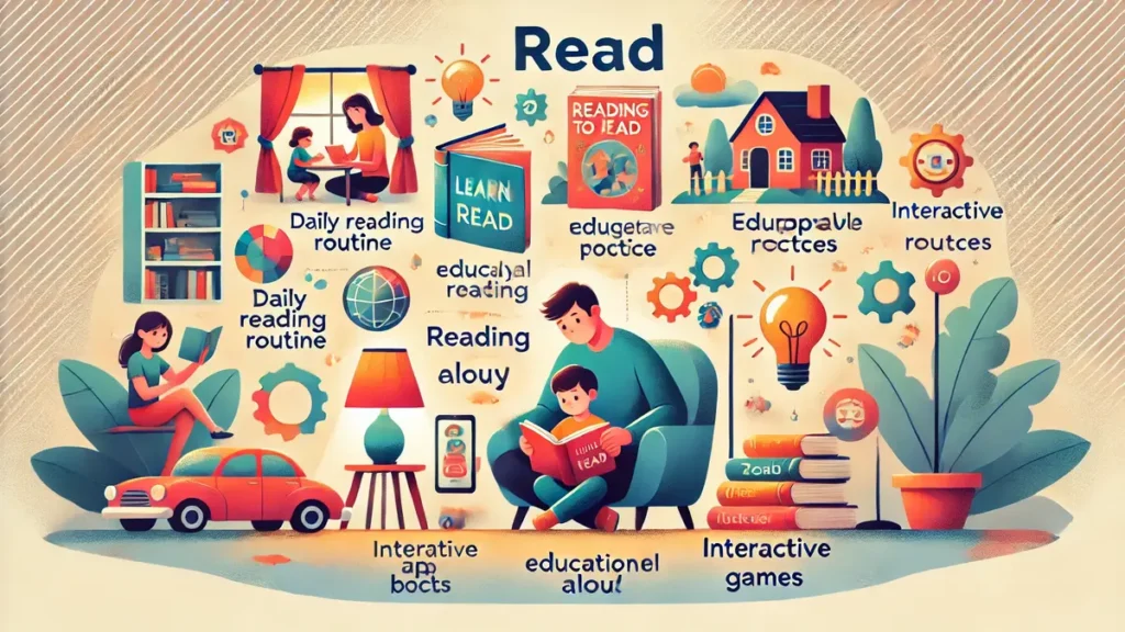 Image illustrant des stratégies pour aider un enfant à lire, incluant une routine de lecture quotidienne, des outils éducatifs comme des livres adaptés, des applications interactives et des techniques de lecture à voix haute