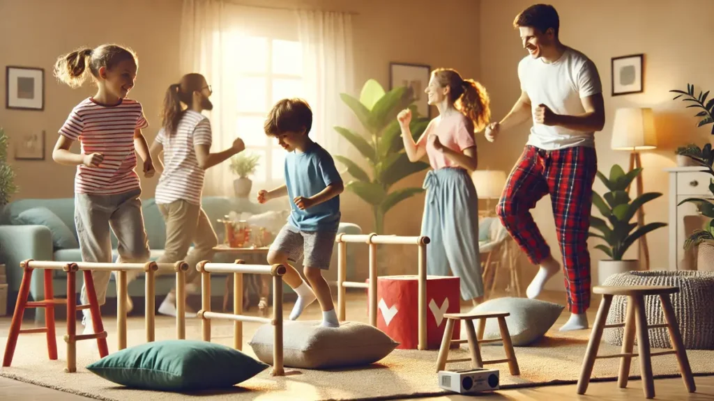 Photo réaliste d’une famille s’amusant avec des activités physiques à la maison, incluant un parcours d’obstacles et des moments de danse