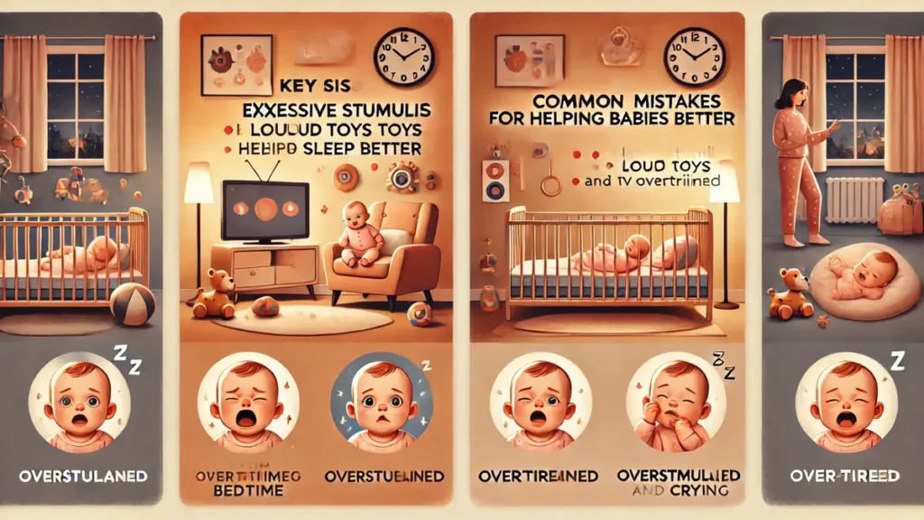 Image éducative montrant les erreurs à éviter pour aider bébé à dormir, incluant des stimuli excessifs comme des jouets bruyants et un bébé trop fatigué pleurant